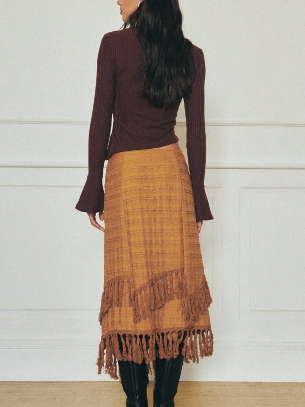 Brown Elegant Women's Fringe Midi Pencil Skirt - Picture 2 of 6